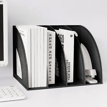 SAYEEC Sturdy Magazine Holder 4 Compartments Plastic Desktop File Organizer File Dividers Office Organizer Storage Document Magaizne Rack Display Box (Black)