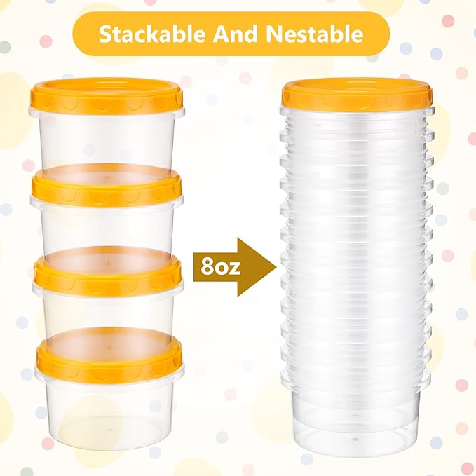 Sieral 36 Pack 8 oz Freezer Containers with Lids Reusable Deli Freezer Storage Containers Stackable Plastic Thick Twist Top Jars for Takeout Food Round Wide Mouth Lunch Snack (Yellow)