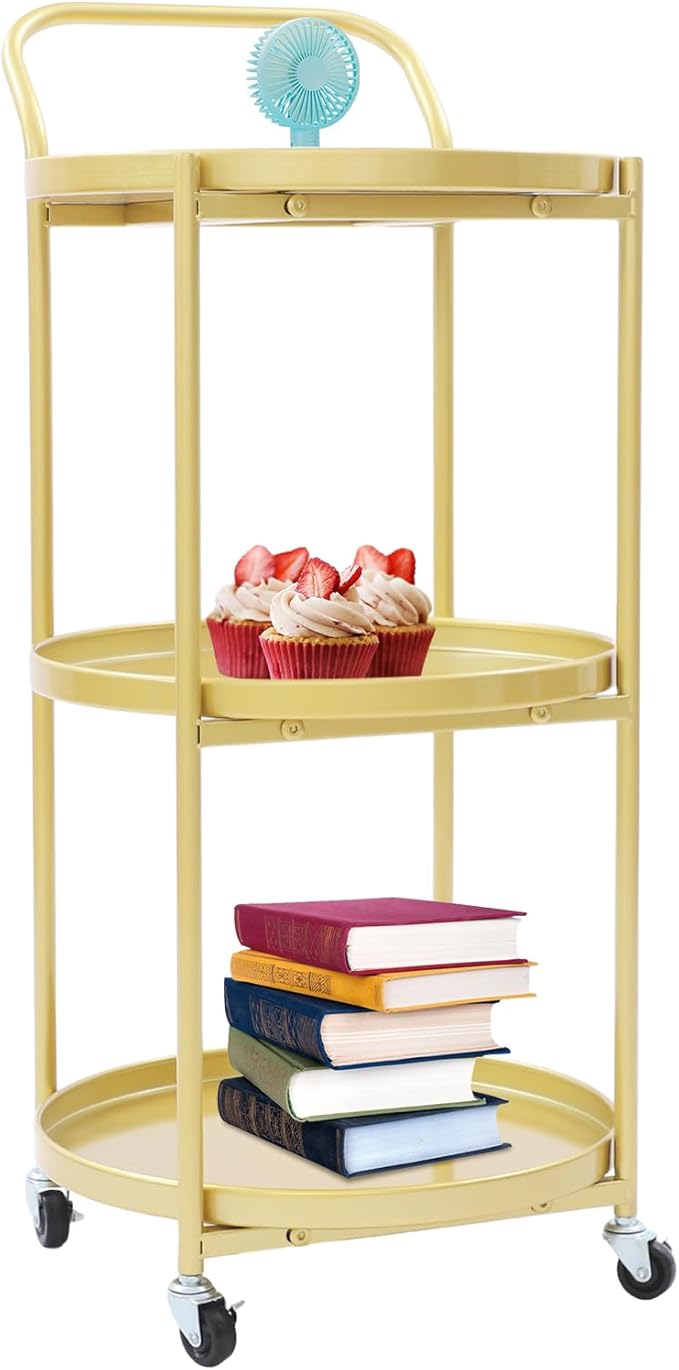 Round 3-Tier Rolling Bar Cart with Locking Wheels, Metal Serving Cart with Handle, 18" x 16" Mobile Organizer for Dining Room, Living Room, Bar (Gold)