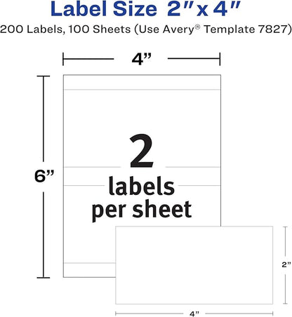 Avery Printable All-Purpose Removable Labels, 2" x 4", Customizable Blank White Labels, Write or Print, Great for Organization Projects, 2 Packs, 200 Total (7827)