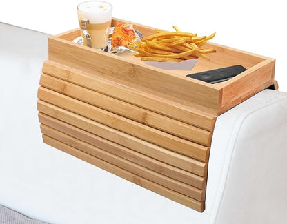 Couch Armrest Table, Bamboo Couch Cup Holder, Couch Cup Holder Tray, Sofa Arm Tray, Armchair Caddy 12.4" x 5.5" with Nonslip Felt Bottom, Sturdy Bamboo Slats for Armrests 6" and Wider (Brown)