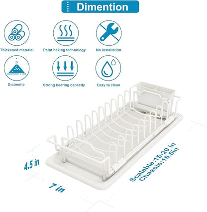 ouimei Sink Dish Drying Rack - Expandable Over Sink (15"-20" Fit), Diatomaceous Earth Tray for No-Drain Drying! Compact Dish Drainer for Small Kitchens, Apartments & RVs (White)
