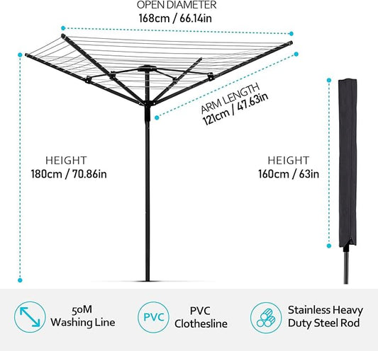 Nisorpa Rotary Outdoor Umbrella Drying Rack Adjustable Height Clothesline w/Waterproof Protective Cover Folding Rotary Dryer with 4-Aluminum Arms and Steel Post 12-Lines with 165 ft Clothesline