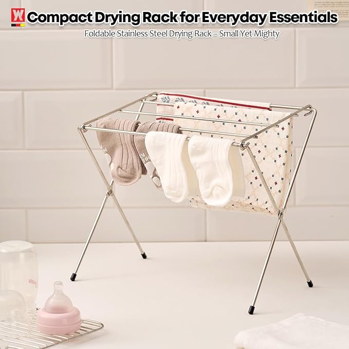 Stainless Steel Dishcloth & Towel Drying Rack for Kitchen Countertop, 6 Arms, Foldable Compact Design with Non-Slip Rubber Caps, Minimalist Storage, 11.02 in x 7.48 in x 10.63 in