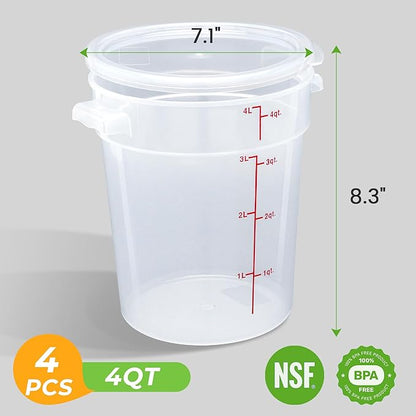 BIEAMA 4 Pack Round Food Storage Containers with Lids, 4Qt Translucent Commercial Food Container, Polypropylene, BPA Free, Includes Labels & Measuring Cups