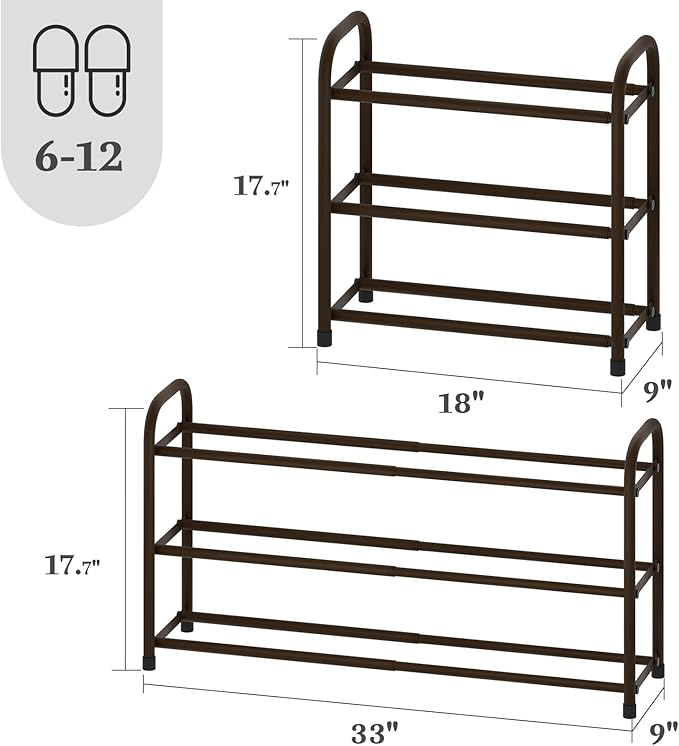 Expandable Shoe Rack, 3-Tier Metal Small Shoe Rack, Adjustable Shoes Organizer, Storage Shelf for Closet, Entryway, Brown