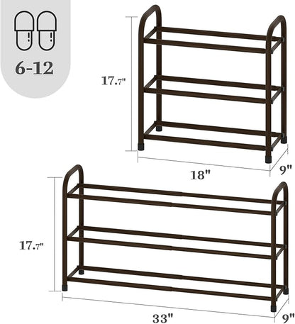 Expandable Shoe Rack, 3-Tier Metal Small Shoe Rack, Adjustable Shoes Organizer, Storage Shelf for Closet, Entryway, Brown