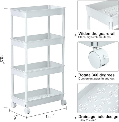 Sooyee 4 Tier Wide Storage Cart Mobile Shelving Unit Organizer Slide Out Storage Rolling Utility Cart Tower Rack for Kitchen Bathroom Laundry, Plastic & Stainless Steel,White