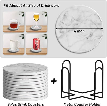 Billbotk 9 Pieces Ceramic Coasters for Drinks with Holder, Absorbent Drink Coasters for Coffee Table, Marble Style Coasters Wooden Table, Suitable for Kinds of Cups, 4 Inches