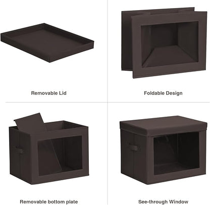 Stackable Storage Bins with Lids - Large Storage Box with Lids, Foldable Closet Boxes for Organizing, Wardrobe Clothes Organizer with Window, Cubes Bins for Living Room, 6 Pack, Brown