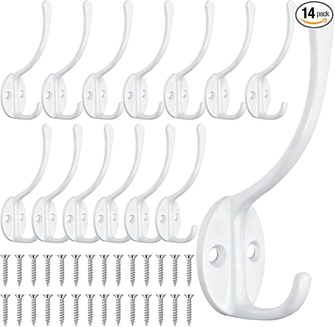 14 Pack Coat Hooks Wall Mounted with 28 Screws, Heavy Duty White Towel Hooks Metal Double Hooks, No Rust Retro Rustic Wall Hooks for Hanging Towel, Coat, Scarf, Bag, Hat, Cup, Key
