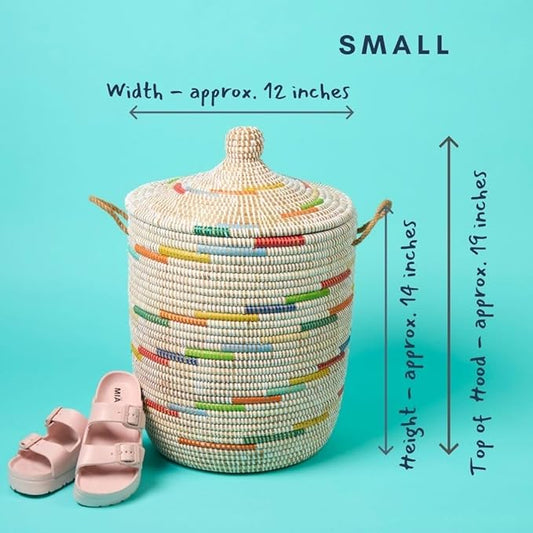 Small Storage Basket, Organizing, Storage, Wicker, Woven, With Lid, Handles, 12" Wide, 14" Tall (Colors White)