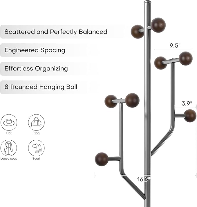 Coat Rack Freestanding with Stainless Steel Marble Base, 8 Wood Ball-shaped Hooks, Heavy-Duty Standing Rack Clother Hanger Rack Metal Coat Tree for Bedroom Entryway, Hat, Bags, Long Dresses
