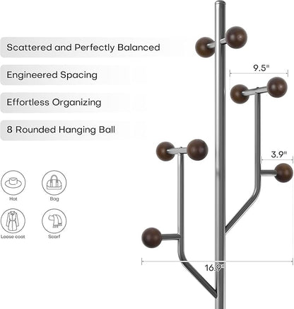 Coat Rack Freestanding with Stainless Steel Marble Base, 8 Wood Ball-shaped Hooks, Heavy-Duty Standing Rack Clother Hanger Rack Metal Coat Tree for Bedroom Entryway, Hat, Bags, Long Dresses