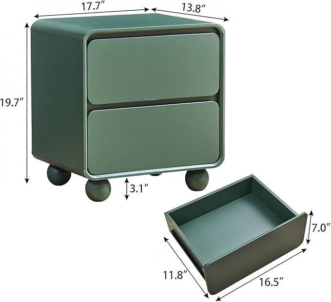 AVZEAR Small Night Stand with 2 Drawers, Mid Century Modern Nightstands with Solid Wood Legs, 2 Drawer Dresser Curved Profile Design End Table Side Table for Small Space, Dorm, Bedroom(Green)