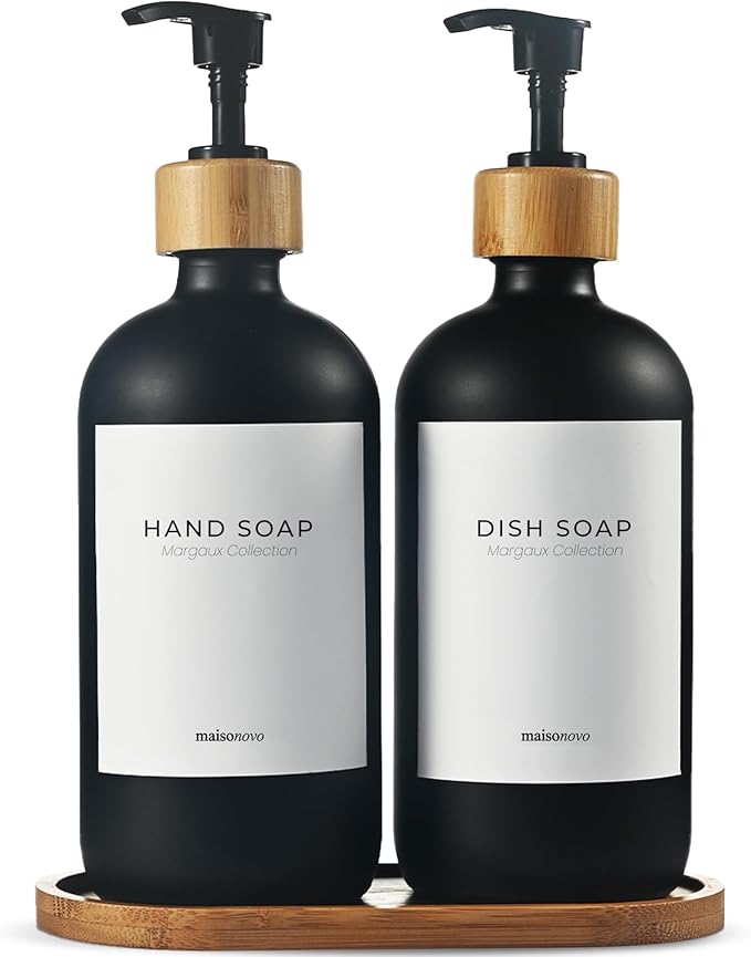 Maisonovo Glass Soap Dispenser Bathroom Set | Hand Soap and Dish Soap Dispenser Set | 16.9oz Amber Bottles with Black Bamboo Pump | Bathroom Lotion Dispenser Set of 2