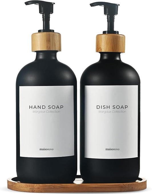 Maisonovo Glass Soap Dispenser Bathroom Set | Hand Soap and Dish Soap Dispenser Set | 16.9oz Amber Bottles with Black Bamboo Pump | Bathroom Lotion Dispenser Set of 2