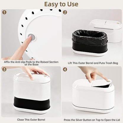 Mini Trash Can for Desk with 5 Rolls of Trash Bags, Small Press-Top Countertop Garbage Bin, Removable Waste Basket for Bedroom, Vanity, Coffee Table, Kitchen (White Half-Lid)