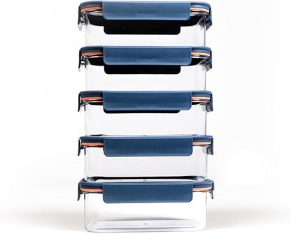 LocknLock LBF404RS5N Bisfree Modular Plus Food Storage Containers for Lunch, Meal Prep, Stackable, BPA-Free, Leakproof, Microwave, Dishwasher, Freezer-Safe, 10 Pieces, 5 Boxes and 5 Lids, Navy, 910ml