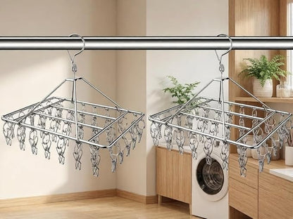 2 Pack Stainless Steel Sock Drying Rack with 80 Clips,360° Rotatable Windproof Hook Clothes Hanger Rack for Herb,Bras,Underwear,Baby Clothes,Hat,Scarf,Pants,Gloves,Towel and Laundry Accessories
