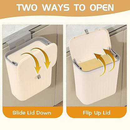3 Pack Hanging Trash Can with Lid, Kitchen Compost Bin for Counter Top or Under Sink, Plastic Waste Basket Wall Mounted Garbage Can for Cupboard/Bathroom/Bedroom/Office/Camping (Cream)