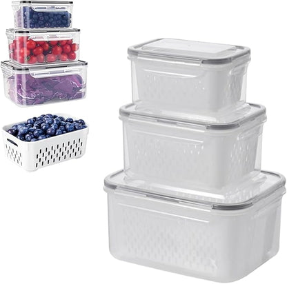 Organizeh Household Transparent Plastic Food Storage Box-Including Drain Basket, Portable Breathable Multifunctional Basin, Fruit Storage Containers for Fridge with Removable Colander (Grey)