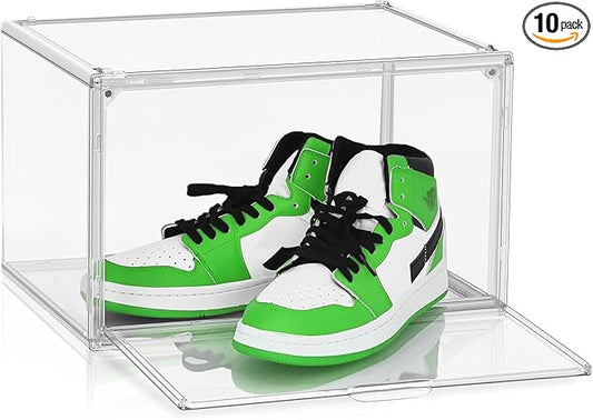 DAYOOH 10 Pcs Clear Shoe Storage Boxes Stackable Acrylic Sneaker Shoe Display Case Size 14, Transparent Storage Bins for Boot Handbag Organizer Containers with Magnetic Lids