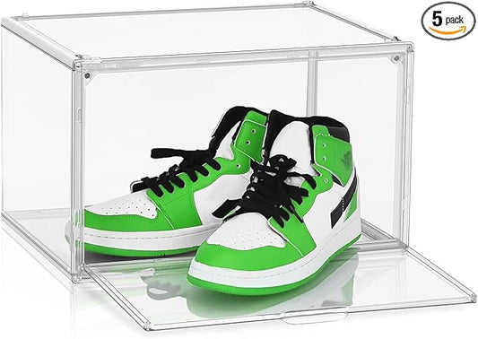 DAYOOH 5 Pack Acrylic Shoe Box Size 14, Clear Plastic Stackable Sneaker Shoe Display Case Transparent Storage Bins Handbag Organizer Containers with Magnetic Lids, Figures Collectibles Showcase