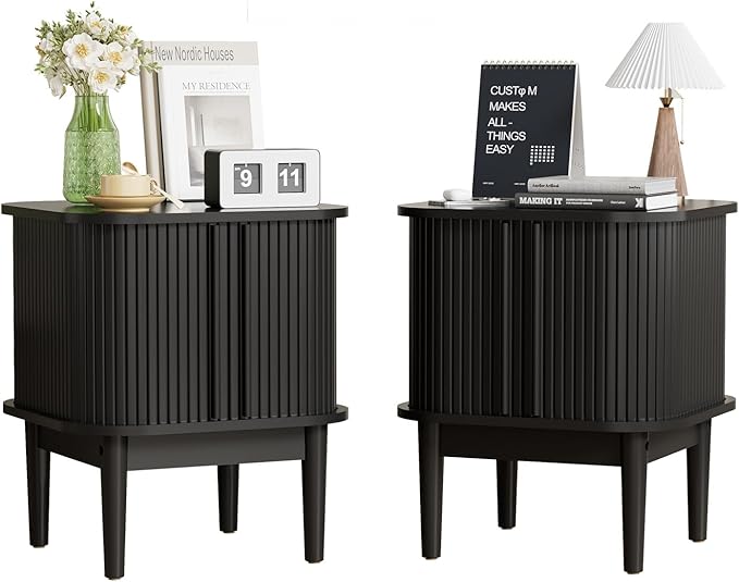 Set of 2 Fluted Nightstand with Sliding Doors, Modern Bedside Table with Solid Wood Legs, Wood Night Stand for Bedroom (Black)