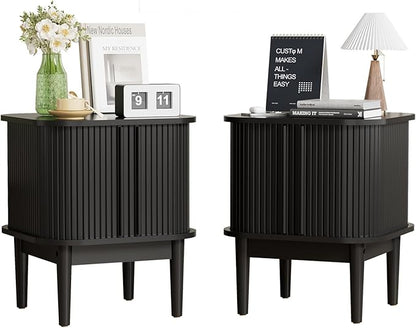Set of 2 Fluted Nightstand with Sliding Doors, Modern Bedside Table with Solid Wood Legs, Wood Night Stand for Bedroom (Black)