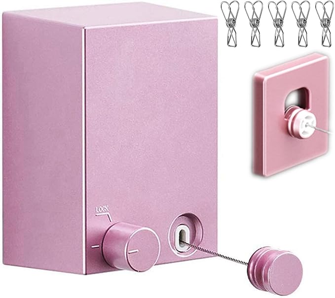 Retractable Clothesline Clothes Line Retracting Outdoor/Indoor, Heavy Duty Stainless Steel Adjustable Drying Rope Wire Dryer with ABS case+Aluminum, Self Adhesive Wall Mount 13.8 Feets Pink