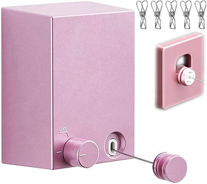 Retractable Clothesline Clothes Line Retracting Outdoor/Indoor, Heavy Duty Stainless Steel Adjustable Drying Rope Wire Dryer with ABS case+Aluminum, Self Adhesive Wall Mount 13.8 Feets Pink