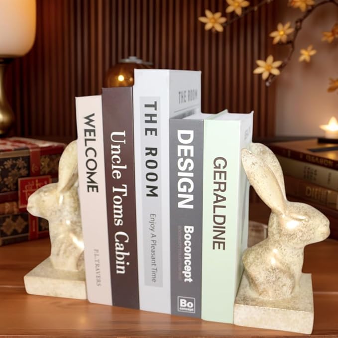 Rabbit Decorative Bookend,1 Pair Cute Bunny Book Ends, Decorative Bookends for Heavy Books, Vintage Shelf Decor,Antique Gold
