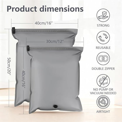 Reusable Fabric Vacuum Seal Bags for Clothing – Medium Compression Travel Essentials with No Pump – Manual Exhaust, Tear-Resistant Oxford Cloth for Luggage, Closet & Packing Organization (Gery-2S)