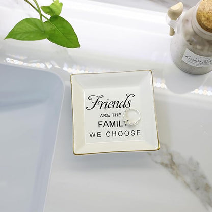 HOME SMILE Birthday Christmas Funny Gifts for Best Friend-Ceramic Ring Dish Jewelry Tray－Friends are Family We Choose