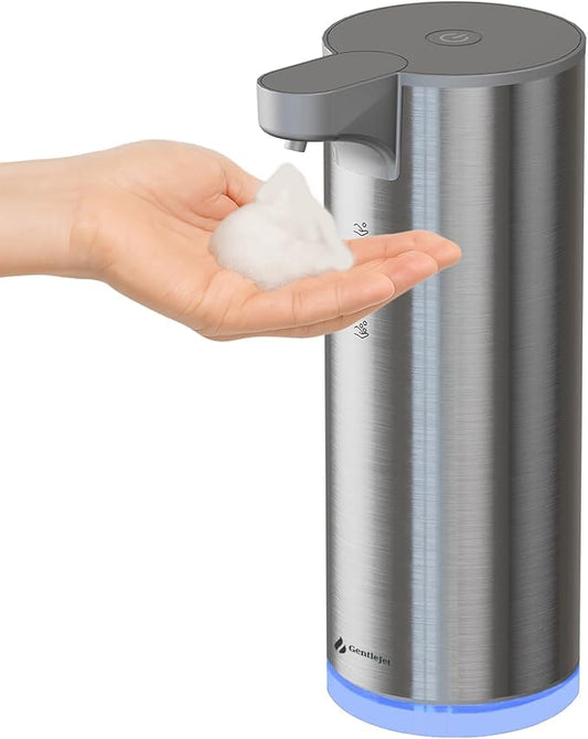 GentleJet EasyFoam Automatic Foaming Soap Dispenser - Touchless Motion Sensor, Rechargeable USB-C, 2 Foam Levels, Stainless Steel, IPX5, 9.5oz Hand Soap Dispenser for Bathroom & Kitchen (Silver)
