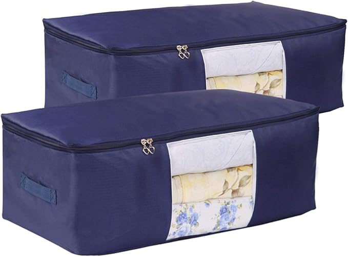 VEAMOR Comforter Storage Bags Pack of 2,Pillow Beddings/Blanket Clothes Organizer Storage Containers with Zippers,Breathable and Moistureproof(Navy blue 2pcs, XXL)