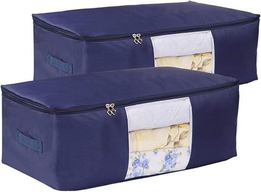VEAMOR Comforter Storage Bags Pack of 2,Pillow Beddings/Blanket Clothes Organizer Storage Containers with Zippers,Breathable and Moistureproof(Navy blue 2pcs, XXL)