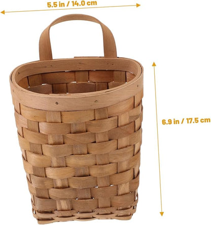 ABOOFAN Woven Wall Hanging Storage Basket for Kitchen and Desktop Organizer Natural Wood Material with Handle Nordic Style Decorative Hanging Pocket for Pantry and Home Organization