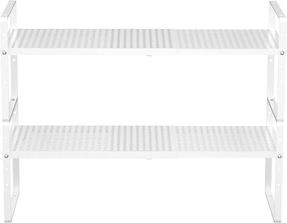 Redrubbit Expandable Cabinet Storage Shelf, Adjustable Height Steel Metal Kitchen Counter Organizers Shelves Spice Rack for Kitchen Pantry Bathroom Cupboard Desk Home Office, White-2 Pack