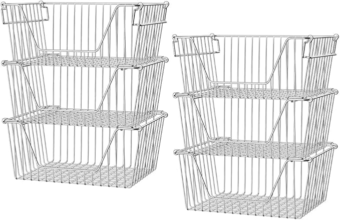 SANNO 14" Stacking Baskets Large Wire Baskets Organizer, Cabinet Storage Metal Baskets Organizer Sturdy Metal Wire Pantry Freezer Bin