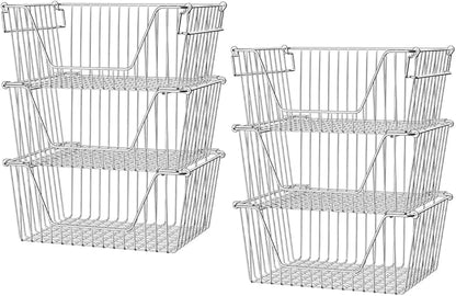 SANNO 14" Stacking Baskets Large Wire Baskets Organizer, Cabinet Storage Metal Baskets Organizer Sturdy Metal Wire Pantry Freezer Bin