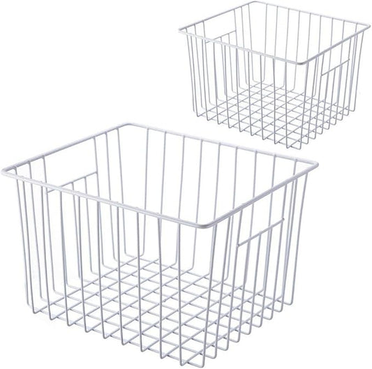 SANNO Freezer Baskests Organizer Bins, Freezer Wire Storage Basket Refrigerator Storage Baskets Bins Organizer with Built-in Handles for Cabinets, Pantry, Closets, Bedrooms - Set of 2 White