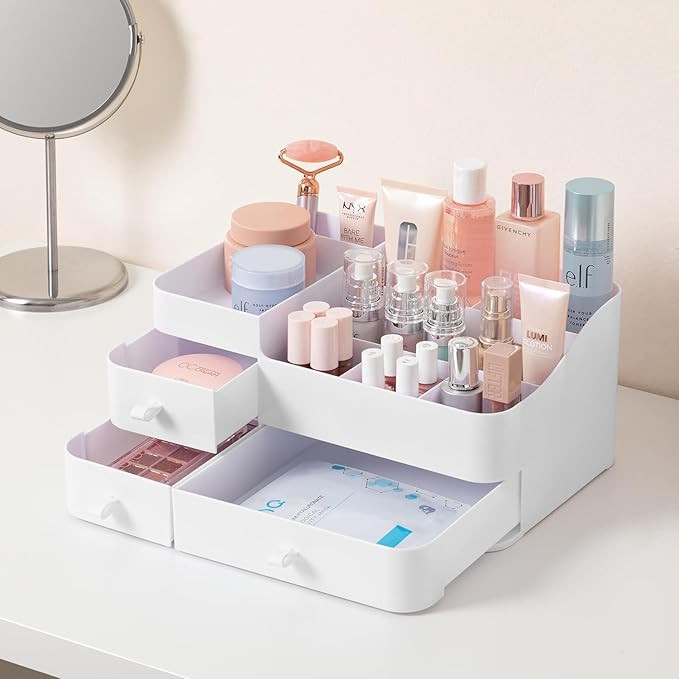 HBlife Makeup Organizer & Skincare Storage - Large Cosmetic Organizer with 3 Drawers, 8 Compartments Vanity Storage Box for Bathroom Counter, White