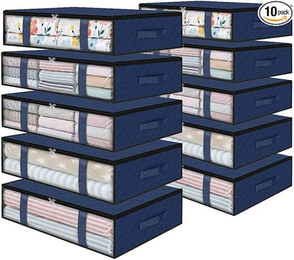 StorageRight Under Bed Storage Bins, 10-Pack 40L Foldable Fabric Storage Bags with Transparent Window, Breathable Organizer for Clothes/Blanket/Comforter/Quilt, Blue