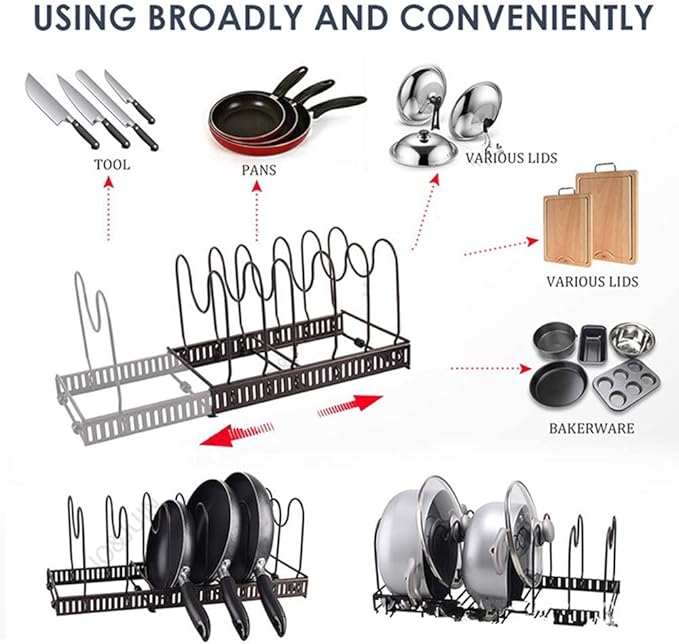 MAKIOTEKO Pots and Pans Organizer Under Cabinet, 10 Compartments Expandable Pot Lid Organizer Holder Rack for under Cabinet for Pots Cutting Board Cookware