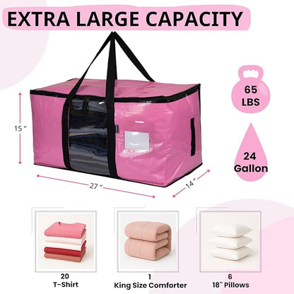 LALABAG 6-Pack Extra Large Heavy Duty Moving Bags with Zippers & Reinforced Handles - Pink Clothes Storage Bags, Oversized Packing Totes for Moving & Organizing