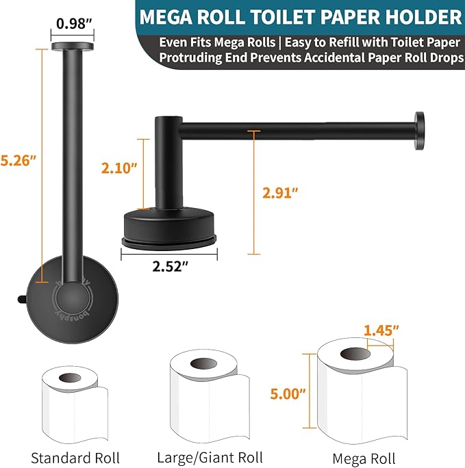 No-Drill Toilet Paper Holder Wall Mount - Removable Adhesive Suction Cup, 304 Stainless Steel, Multi-Function Hat Racks & Hand Towel Holder for Bathroom RV, 2 Pack, Matte Black