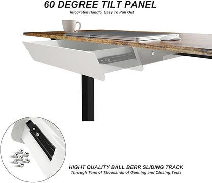 White Under Desk Mounted Sliding Drawer with 60 Degree Tilt Panel to pull out, 15'' long & 9'' deep Large Storage Organizer for Sit Stand Workstation