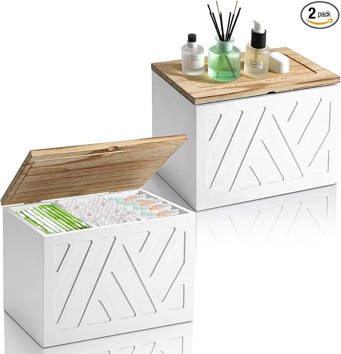 2Pcs Tampon Holder for Bathroom Decor, Feminine Product Organizer, Shark Week Tampon Storage with Lid, Wood Pad Box for Toilet, Lady Girl Stuff Organizer Case Bathroom Accessories- White